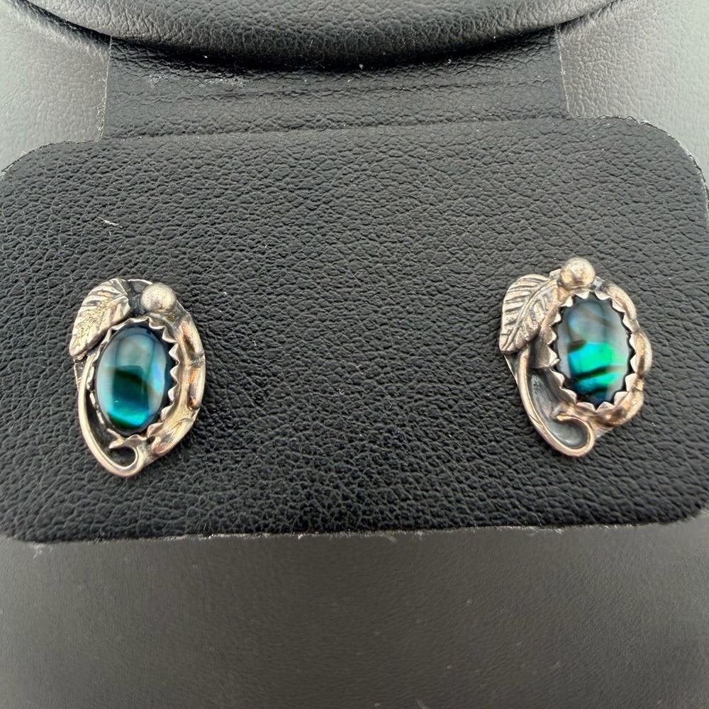 Vintage Silver Abalone Sterling Silver Leaf Stud Earrings